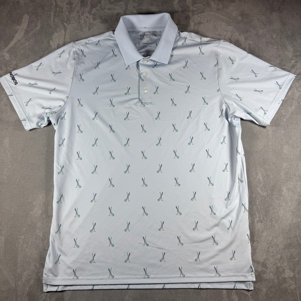 Bonobos Golf Mens Medium Light Blue Crossed Clubs Print Standard Fit Polo Shirt